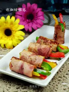 Pan-fried bacon and colorful pepper roll