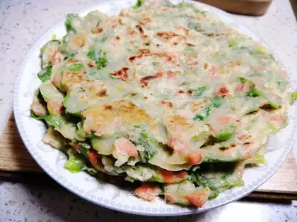 Celery and ham and sausage pancakes