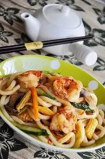 stir-fried seafood udon noodles in XO sauce