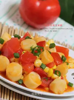 Tomato, yam, corn kernels