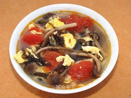 Tea, mushroom, tomato egg soup