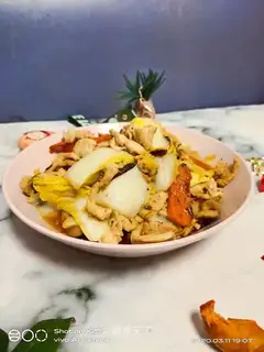 Chicken breast fried mushrooms and cabbage