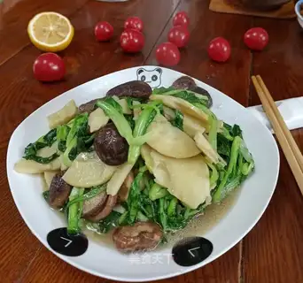 Spring mushrooms and green vegetables