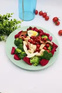 Bacon, blue flower fruit salad