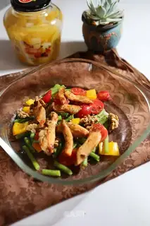 Soybeans, chicken gravy, fruit salad