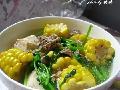 Corn tofu beef vegetable soup