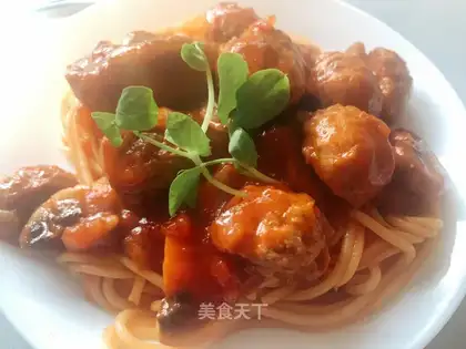 Meatballs, mushroom noodles