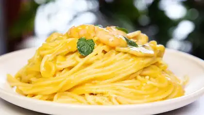 Pumpkin mushroom shrimp pasta