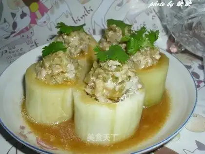 Stuffed cucumber with pickled mustard and meat filling