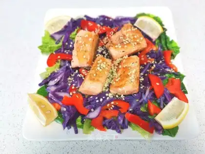 Pyramid, veggie, fried salmon