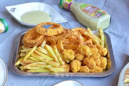Air fried rice onion ring fries