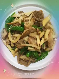 Pyre apricot mushrooms fried pig belly