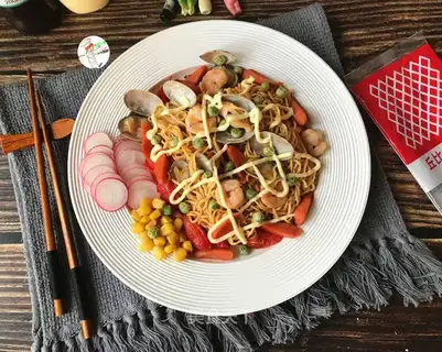 Red seafood salad noodles