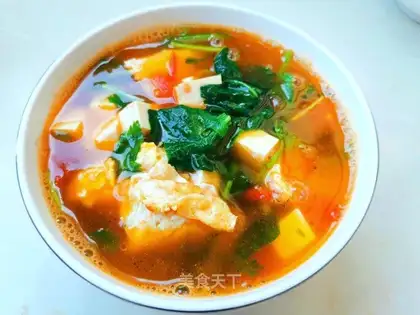 Spinach egg tofu soup