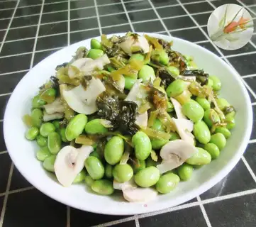 Pickle mushrooms, fried beans