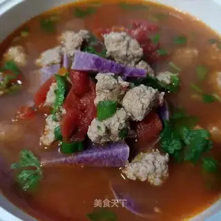 The meatballs, the purple mountain medicine tomato soup