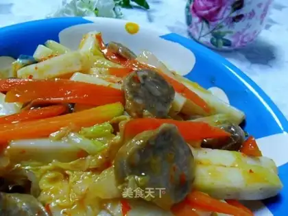 stir-fried rice cake with sausage