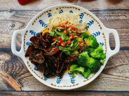 Golden pins and mushrooms and broccoli