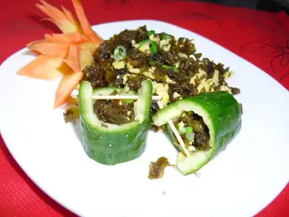 Scrambled eggs with ground cucumber