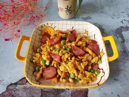 Peas fried sausage eggs