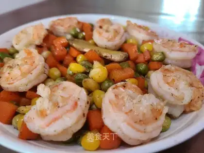 Shrimp fried peas and radish corn