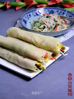 Spring pancake combined with vegetables and caps