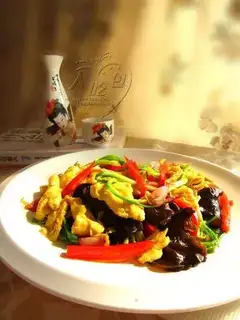 stir-fried green onion sprouts with black chicken eggs