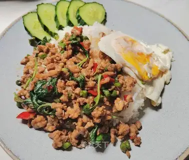 Toss the pork and cover the rice