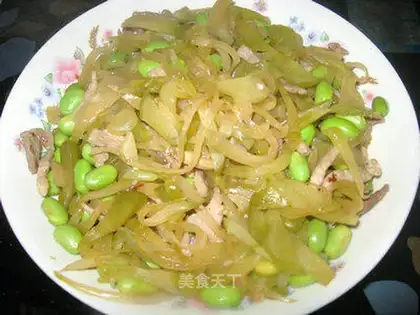 stir-fried pickled mustard with edamame and shredded pork