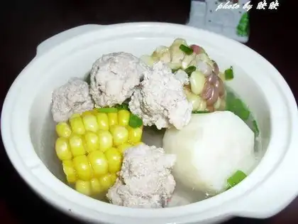 Yam and corn meatball soup