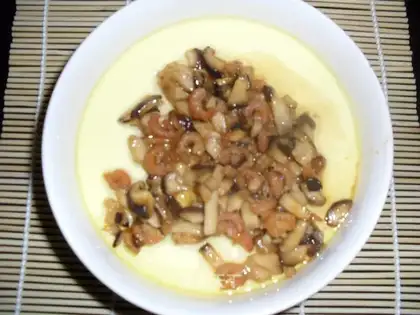 Steamed egg custard with mushrooms and shrimps