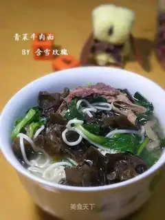 Green vegetables and beef noodles