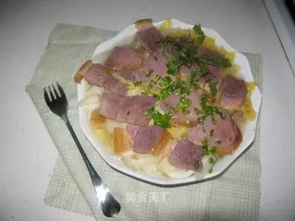 Steamed alpine baby vegetables with bacon