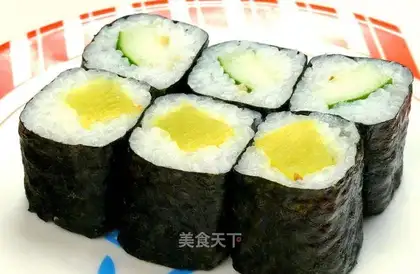 Fruit, vegetable, duck egg and sushi roll