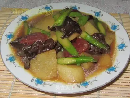 Sausage, asparagus, stir-fried yam