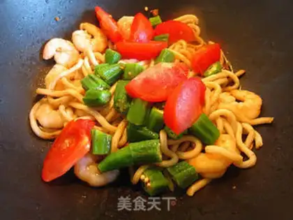 Make stir-fried udon with shrimp okra step 8