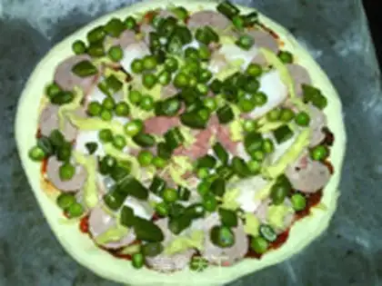 Make Pizza with ham, bacon and vegetables step 22