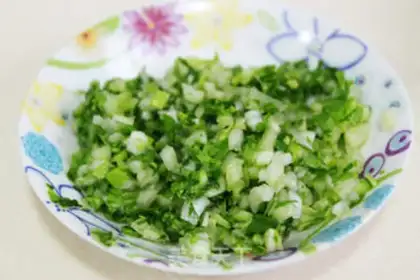 Make Fried rice with carrot, green vegetables, meat and eggs step 1