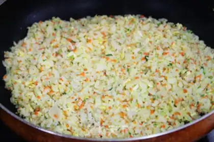 Make Fried rice with carrot, green vegetables, meat and eggs step 4