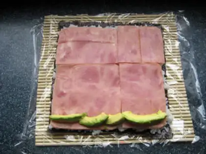 Make Butter and ham sushi step 16