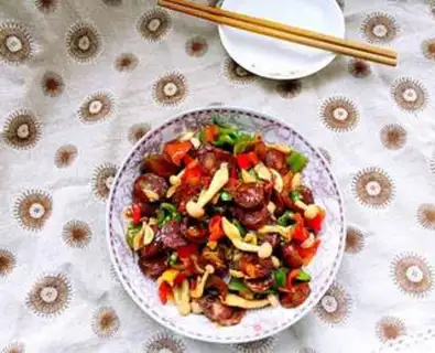 Make Snack pepper mushroom fried sausage step 9