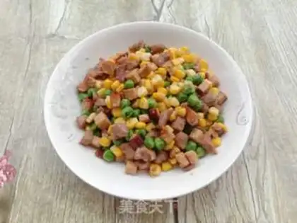 Make Corn green bean eggs, fried meat step 12