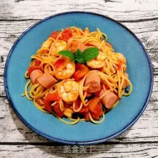 Make Ham sausage shrimp pasta step 14