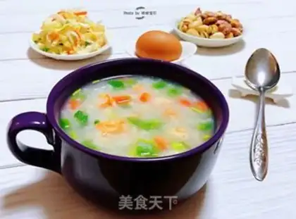 Make Vegetable shrimp congee step 11
