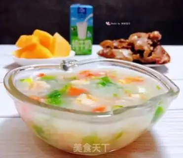Make Vegetable shrimp congee step 12