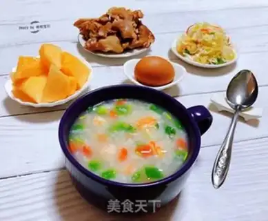 Make Vegetable shrimp congee step 14