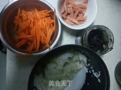Make Ham sausages, carrots, olive rice step 0