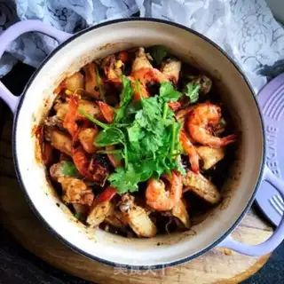 Make Three-juice chicken fin shrimp pan step 12
