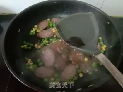 Make Corn green bean fried sausage step 5