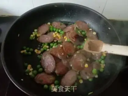 Make Corn green bean fried sausage step 6